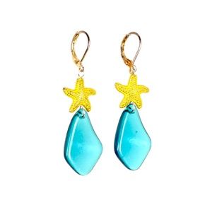 Golden Starfish & marine blue Sea Glass Earrings